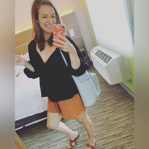 Banana Republic eyelet plunge neck top with skirt and statement necklace outfit!